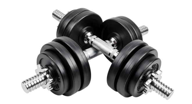 Two adjustable dumbbells with chrome handles and black weight plates