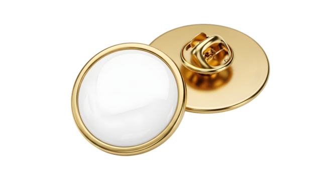 Gold lapel pin with a white circular face and a secure clasp