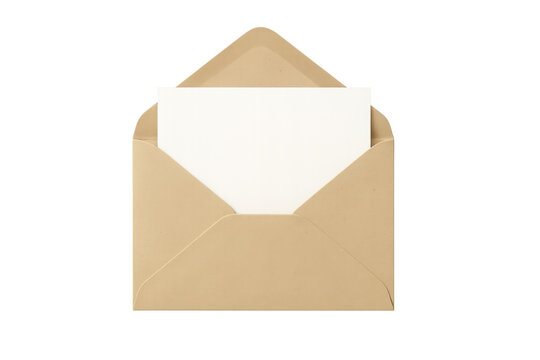 Open craft paper envelope holding blank white card