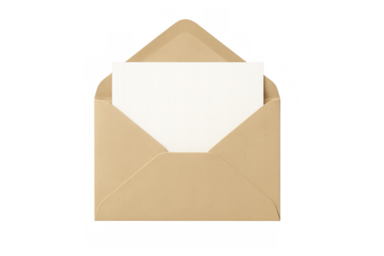 Open craft paper envelope holding blank white card - Powered by Adobe