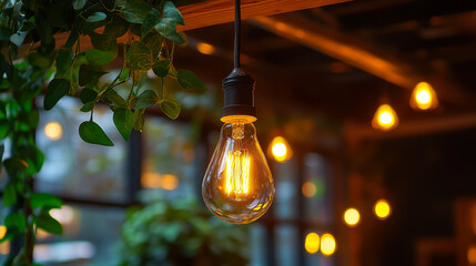 Close-up of a vintage Edison light bulb glowing warmly amidst lush green foliage and blurred fairy lights, creating an ambient and cozy atmosphere
