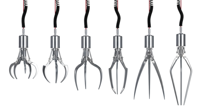 A collection of six different robotic grippers and claws