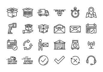 Logistics and delivery service line icon set featuring shipping, warehouse storage, package tracking, and e-commerce symbols