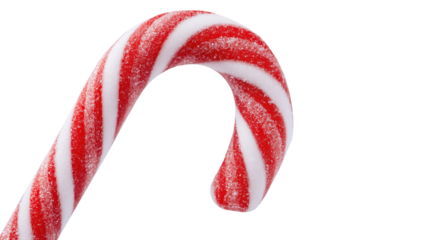Red and white candy cane isolated on transparent background, traditional Christmas sweet with glossy stripes and curved shape, realistic holiday object.