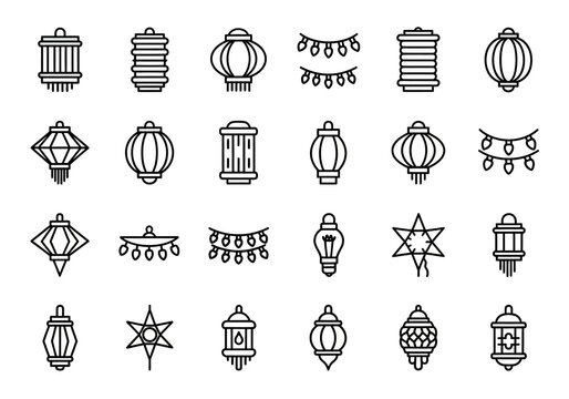 Collection of festive lantern and decorative string light icons in a thin line art style vector graphic set erty 181 eps