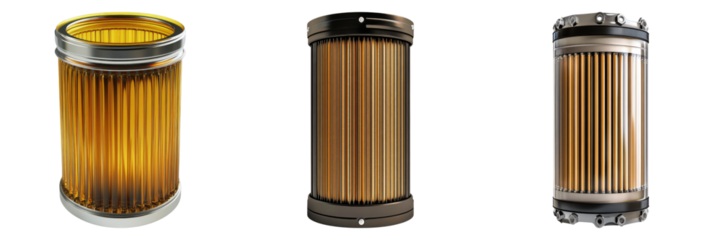 Three fuel filters with metallic casings arranged in a row