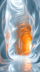 Futuristic White and Orange Geometric 3D Tunnel with Fluid Waves, Minimal Tech Background Render for Sci-Fi Environments, Abstract Architecture Design