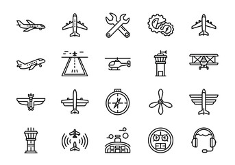 A comprehensive set of twenty aviation property line icons. Includes airplane, helicopter, airport, and flight control vector symbols © Adam