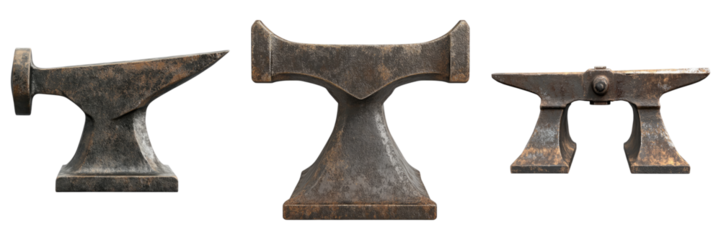 A selection of diverse, weathered anvils displayed against a pristine backdrop, showcasing their unique forms and rustic charm.