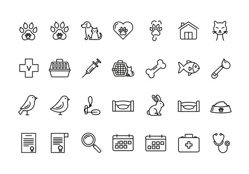 A set of thin line icons for veterinary medicine and pet care services. This collection includes symbols for animals, clinics, and health on an isolated background erty (238).eps