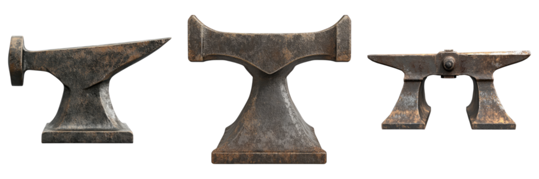 A selection of diverse, weathered anvils displayed against a pristine backdrop, showcasing their unique forms and rustic charm.