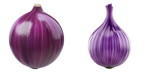 Fresh, vibrant red onions displayed in full and halved form, revealing their inner layers 