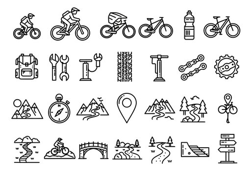 A detailed collection of line art icons depicting mountain biking, bicycle repair tools, and outdoor adventure trail elements for cycling enthusiasts