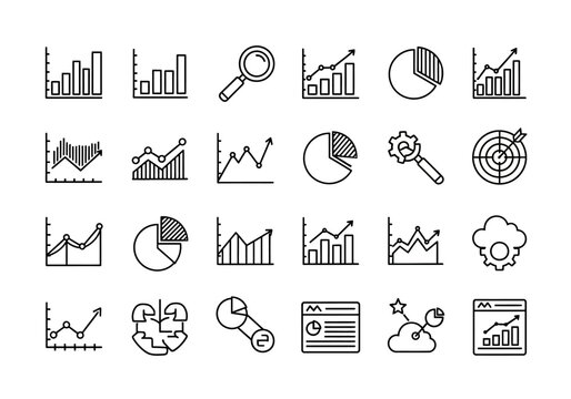 A collection of data analysis and business statistics line icons. Set of charts, graphs, and infographic vector elements for reporting