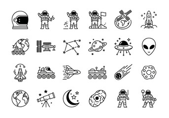 Set of monochrome outline icons for space exploration and astronomy, featuring astronauts, rockets, planets, and celestial objects for universal projects