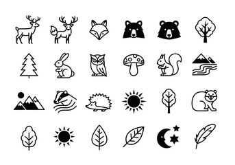 Set of minimalist forest nature icons. Vector line art symbols of woodland animals, plants, and natural elements like deer, bear, and fox