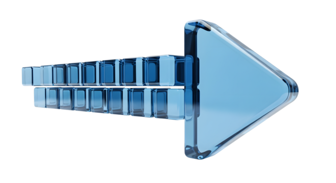 A translucent blue glass arrow pointing to the right, composed of stacked rectangular segments, isolated on a transparent background