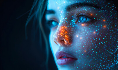 Close-up of woman's face with digital neural network pattern overlay representing artificial intelligence and futuristic technology concept in blue and orange light