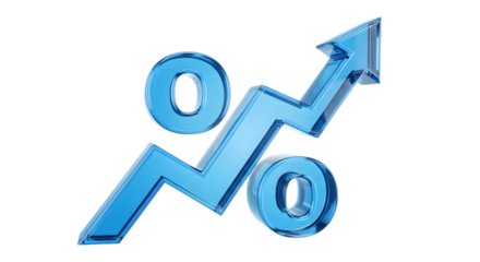 A bright blue percentage sign and arrow graph trending upwards, isolated on a transparent background, representing rate increase