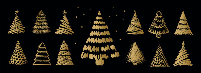 Christmas gold tree on black hand drawn illustrations.