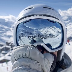 This dynamic skier in sleek gear ventures down a beautiful slope, encapsulating the exhilaration of winter sports against a backdrop of majestic snow-covered mountains.