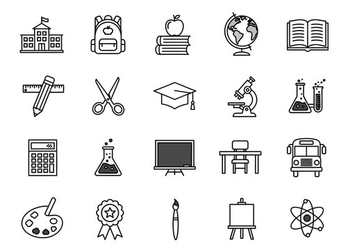 A collection of school and education line icons representing academic subjects, learning tools, and student life essentials in a vector format
