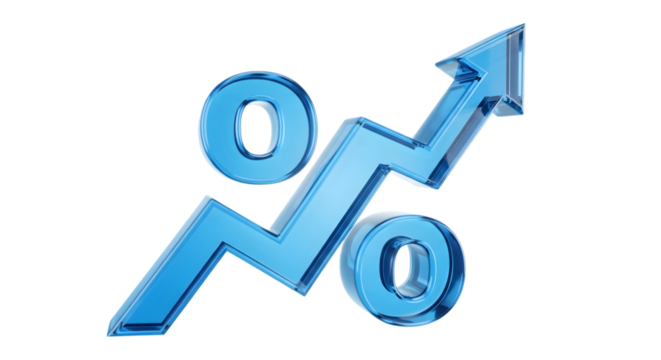 A bright blue percentage sign and arrow graph trending upwards, isolated on a transparent background, representing rate increase