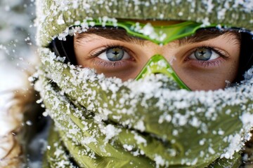 Captured up close, this adventurer's intense blue eyes reflect determination and resilience, framed by snow and a textured green scarf, embodying the spirit of winter exploration.