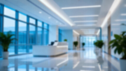 Peaceful blurred hospital corridor with gentle lighting, medical equipment, and clean white tones symbolizing health care, innovation, safety, hygiene, patient recovery in modern clinical environment