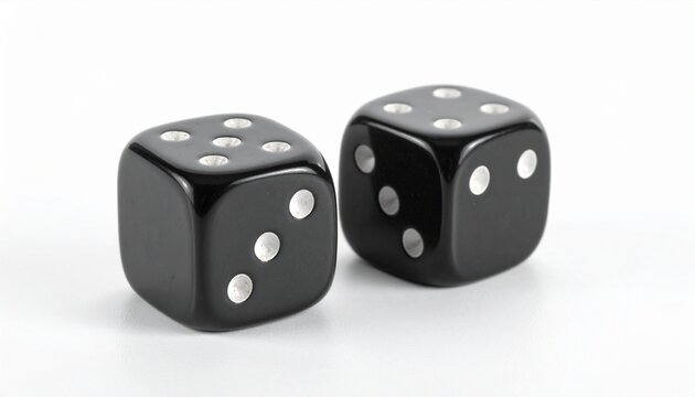 black six-sided dice with white pips placed on white surface