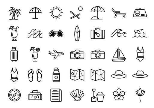 Summer vacation and beach travel essentials thin line icon set. A collection of tourism and holiday symbols like sun, airplane, and luggage