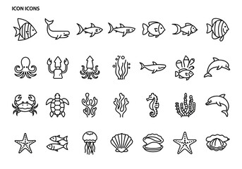 Collection of sea life line icons with various aquatic animals. Set includes fish, whale, shark, octopus, turtle, and dolphin symbols for web and mobile design