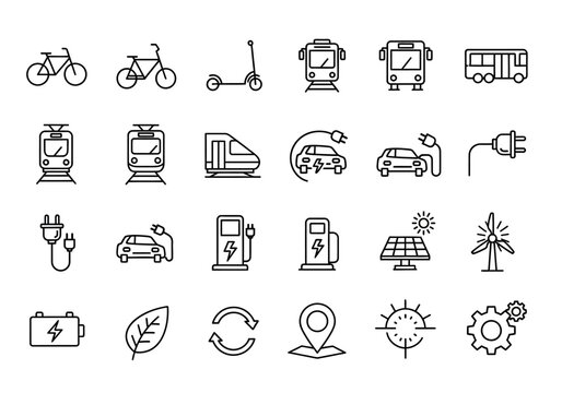 Collection of thin line icons representing sustainable transport and renewable green energy concepts, including electric vehicles and eco symbols
