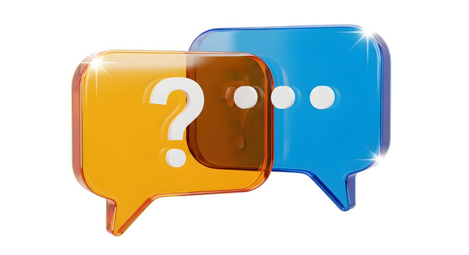 Two glossy 3d speech bubbles, one orange with a question mark and the other blue with ellipses, symbolizing communication and inquiry
