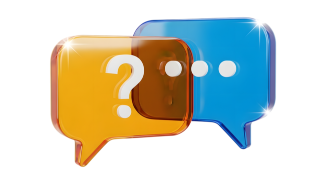 Two glossy 3d speech bubbles, one orange with a question mark and the other blue with ellipses, symbolizing communication and inquiry