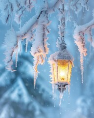 An enchanting lantern, surrounded by frost-laden branches, glows softly in a serene winter landscape, casting a warm light amid the chill, evoking feelings of warmth and nostalgia.