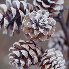 A close-up view of pinecones enveloped in a delicate layer of frost showcases nature's artistry, reflecting the beauty of winter and evoking a sense of tranquility and peace.