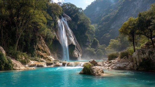 Breathtaking View of Tamul Waterfall: Crystalline Blue Waters in Huasteca Potosina, a Natural Paradise Surrounded by Lush Landscape