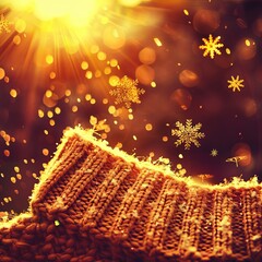 A warm knitted fabric, illuminated by golden sunlight and gently falling snowflakes, encapsulates the cozy essence of winter, inviting feelings of comfort and warmth during the season.