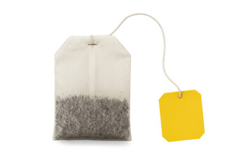 Tea bag with blank yellow label and string