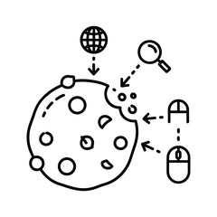 Cookie with bite marks, globe, magnifying glass, and mouse cursor, representing web tracking