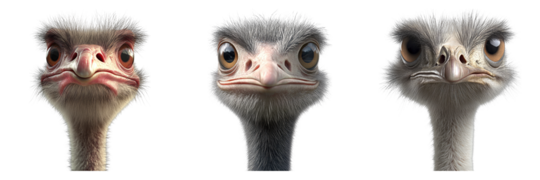 Three unique ostrich portraits captured in close-up, revealing their distinctive facial features and expressions