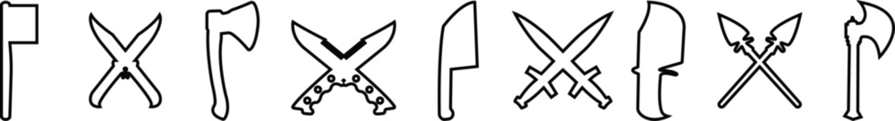 Weapon Icon Set, Axe, Knife, Scissor, Cleaver, Dagger, and Sword Symbol Collection and Group, Sharp Tool, Blade, and Cutting Equipment Vector in Black Color Line Style
