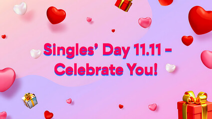 Singles day 11 11 celebrate you with falling hearts and gift boxes on a gradient background