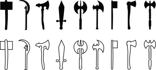 Weapon Icon Set, Axe, Knife, Scissor, Cleaver, Dagger, and Sword Symbol Collection and Group, Sharp Tool, Blade, and Cutting Equipment Vector in Black Color Flat and Line Style