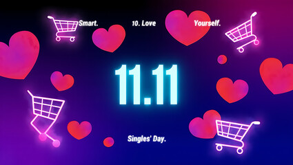 Neon glowing shopping carts and hearts surround the number 11 11 on a dark purple background celebrating singles day sale
