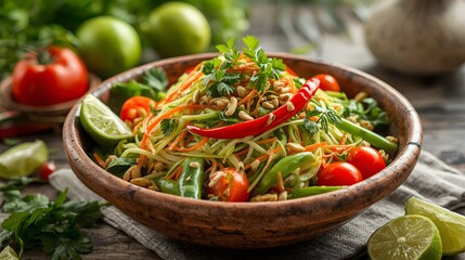Fresh Thai green papaya salad with carrots, tomatoes, chili, lime, and peanuts served in a rustic bowl, bursting with color and vibrant tropical flavors.