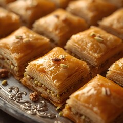 Golden, flaky baklava layered with pistachios and walnuts, glistening with honey syrup, served on an ornate silver tray, showcasing a rich Middle Eastern dessert.