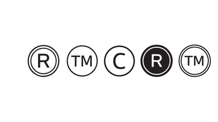 a set of five circular trademark symbols including registered and trademark indicators presented in a monochrome style on transparent background silhouette high quality professional detailed modern