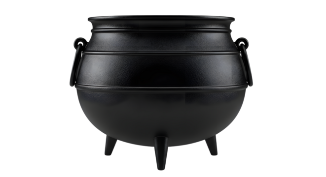 A black cast iron cauldron with three legs and two handles
